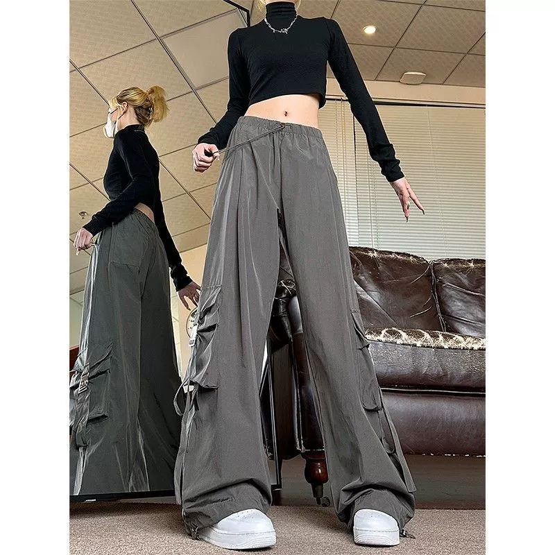 Американский уличный стиль функциональные повседневные брюки для женщин 2025 весна-осень новые с большими карманами и лентой универсальные широкие брюки-карго