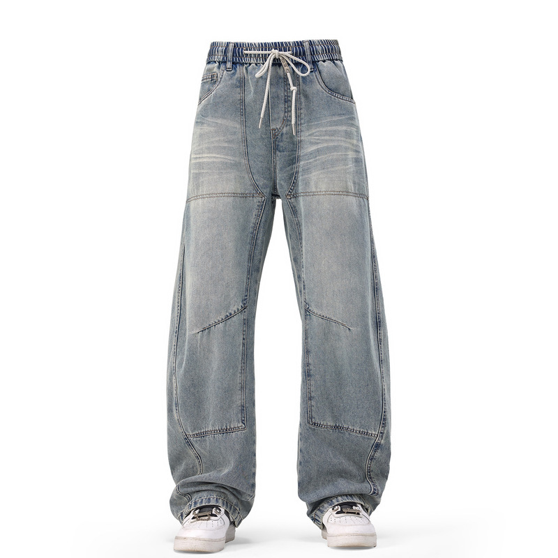 Trendy Retro Patchwork Wide-Leg Elastic Jeans for Men, Spring and Autumn Style, Loose Straight-Leg Pants, American Casual Scimitar Pants