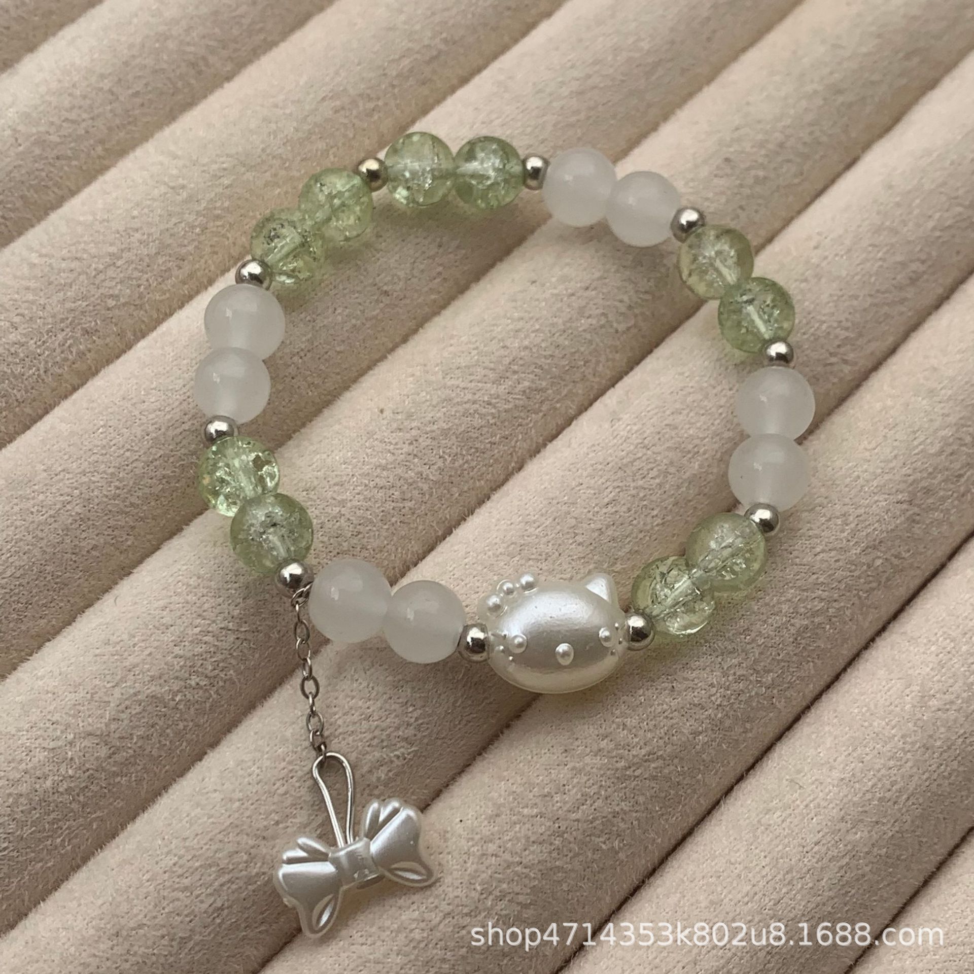 S185-8MM 녹색 KT 고양이 활 매달려 구슬 유리 팔찌#SZ1485용