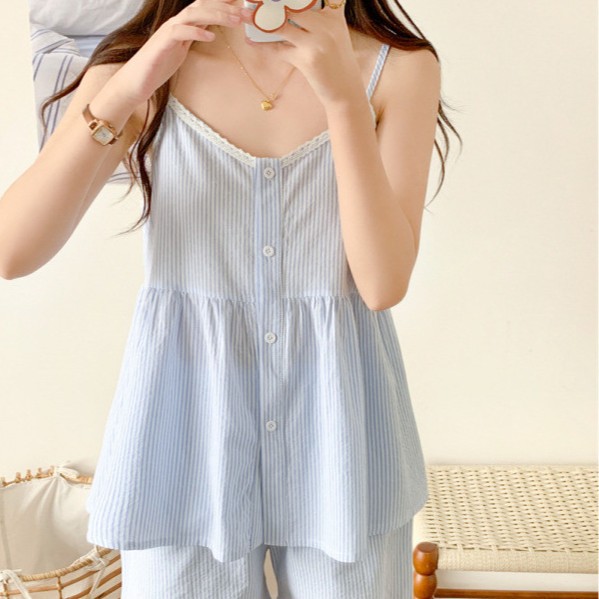 韩国ins女士夏季新品韩系条纹简约舒适花边睡衣套装休闲家居服女