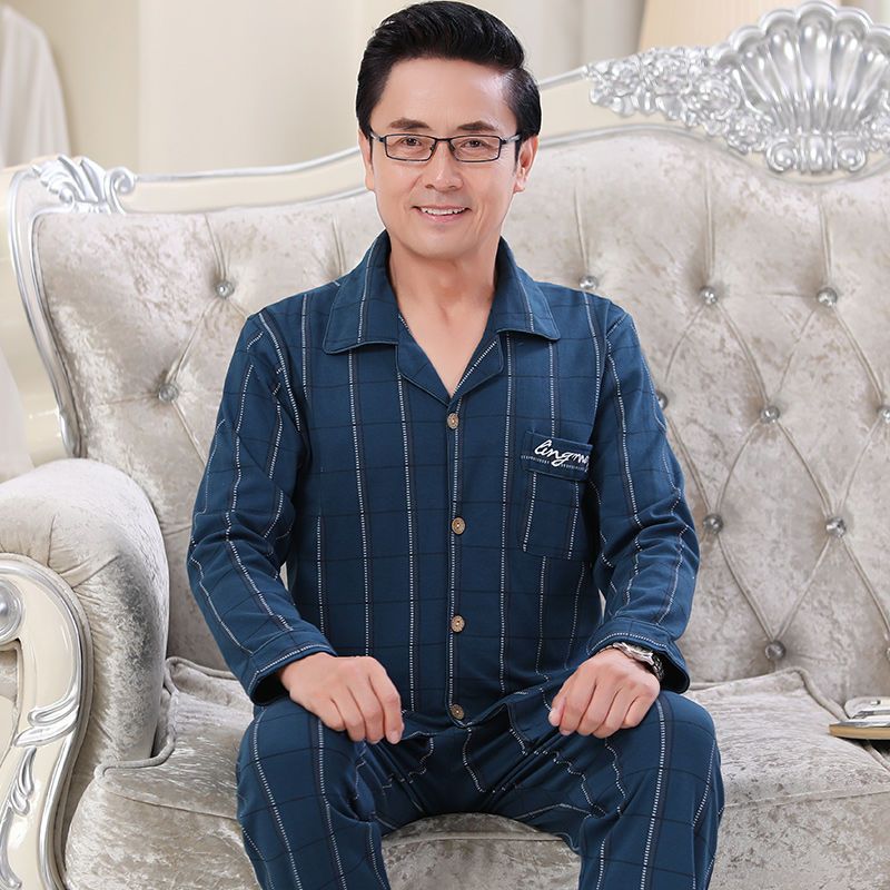 Pijamas hombres primavera y otoño manga larga 100% algodón de mediana edad y ancianos papá algodón más tamaño traje de desgaste para el hogar de los hombres