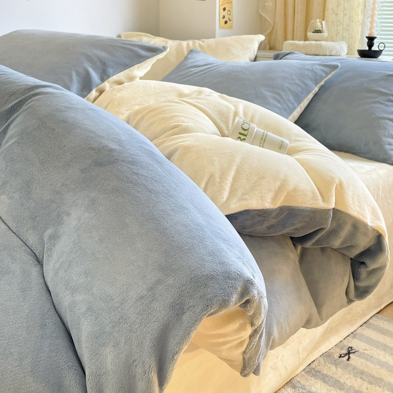 Color sólido otoño invierno leche de lana de cuatro piezas de lana de coral cama de lana de tres piezas de lana de invierno más grueso nuevo estilo de franela