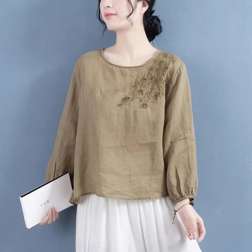 Women's High-end Embroidered Crew Neck Long Sleeve T-shirt, Commute Retro Literary Loose Solid Color Hooded Embroidered Base Top