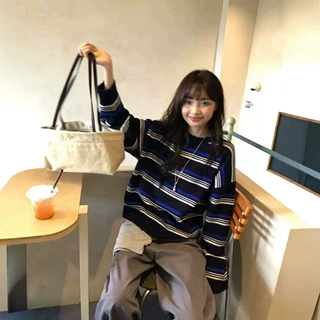 韩系休闲条纹圆领毛衣女秋冬新款慵懒风宽松洋气百搭针织套头上衣
