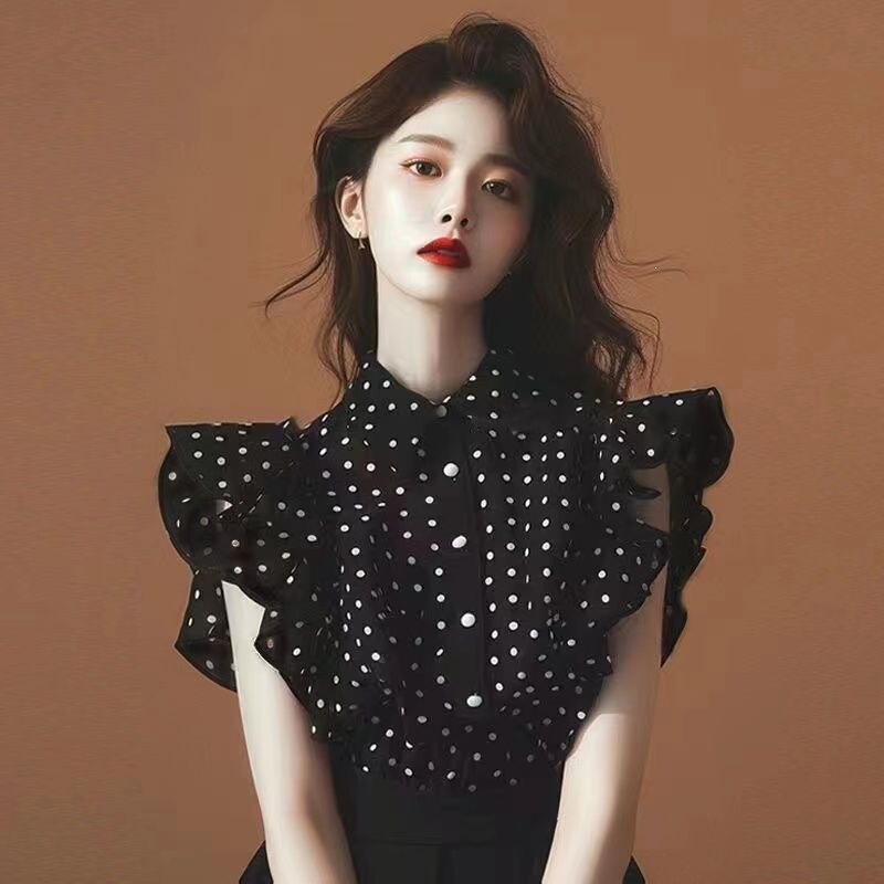 French-Style Black Polka Dot Sleeveless Chiffon Shirt for Women, Trendy This Summer, Beautiful Blouse with Fairy-Like Flutter Sleeves French-Style Black Polka Dot Sleeveless Chiffon Shirt for Women, Trendy This Summer, Beautiful Blouse with Fairy-Like Flutter Sleeves