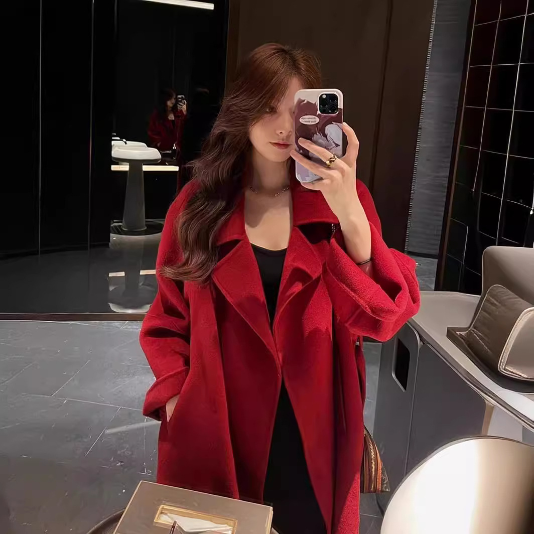 红色双面羊绒大衣女2024冬装新款韩版中长款小个子毛呢大衣外套女