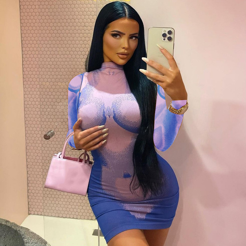 Fashion Solid Color Round Neck Long Sleeve Patchwork Spandex Polyester Knee-Length Sheath Dress