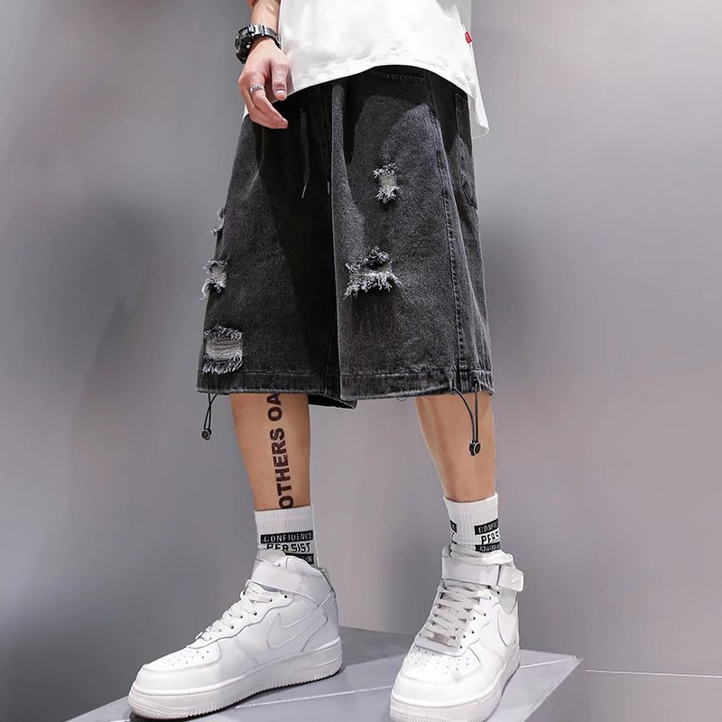American-Style Ripped Denim Shorts Men's Cargo Shorts Five-Point Pants Trendy Loose Cropped Pants Plus-Size Designer Pants