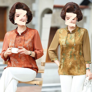 2025 New Fashionable Middle-Aged and Elderly Mothers' Loose Three-Quarter Sleeve Shirts New Chinese Style Retro Tops