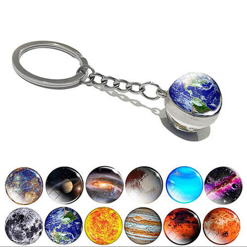 Luminous cosmic planet keychain solar system earth pendant galaxy nebula double-sided glass ball key chain gift