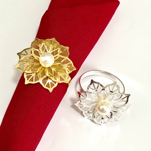 Hotel Napkin Ring Metal Imitation Pearl Mesh Flower Napkin Ring Napkin Buckle Napkin Ring Gold Silver Wholesale
