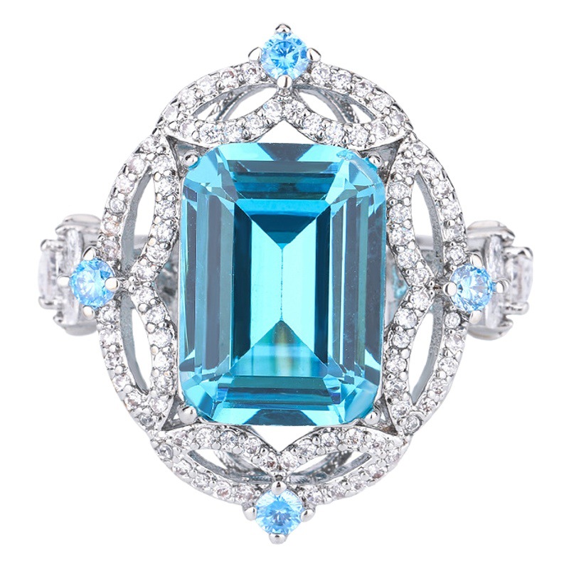 Zhuang Sheng joyas de cobre de fondo chapado en oro simulación aguamarina Rosa diamante traje fresco colgante anillo 10*14