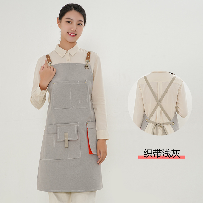 Amazon grueso delantal de lona cinturón de cinta opcional multi-Bolsillo cafetería Barber monos delantal por mayor