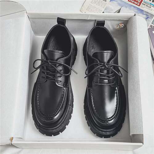 Men's Autumn/Winter New Black Round Toe Heeled Student Laced Leather Shoes Korean Style Blue Casual Shoes
