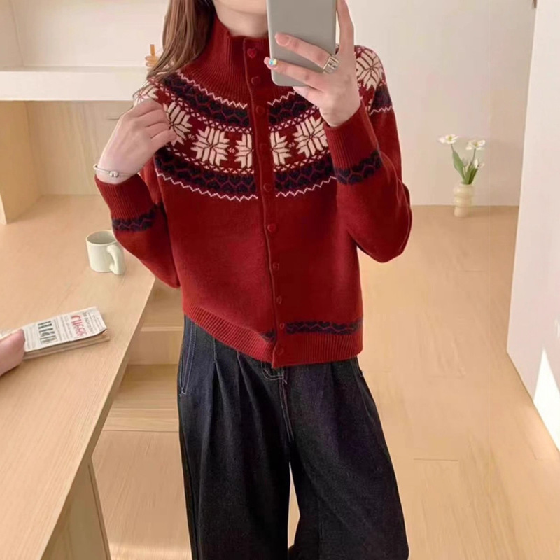 翻领女装毛衣女韩系高领针织开衫复古慵懒风内搭打底宽松加厚外套|undefined