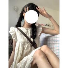 日系复古风琴褶皱连衣裙夏季甜美刺绣宽松小飞袖A字女少女感短裙