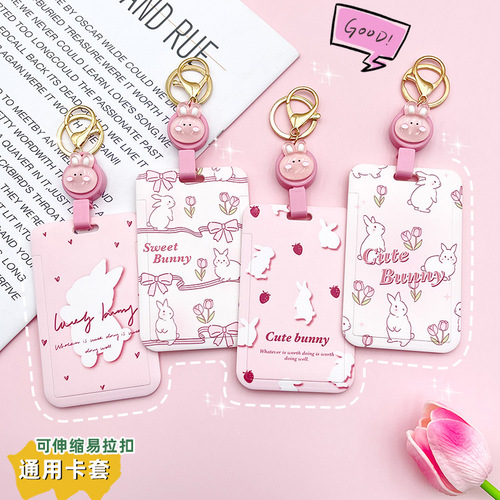 Cartoon card holder, student meal card, bus and subway access control card bag, retractable lanyard, easy-pull buckle, cute name tag protective cover