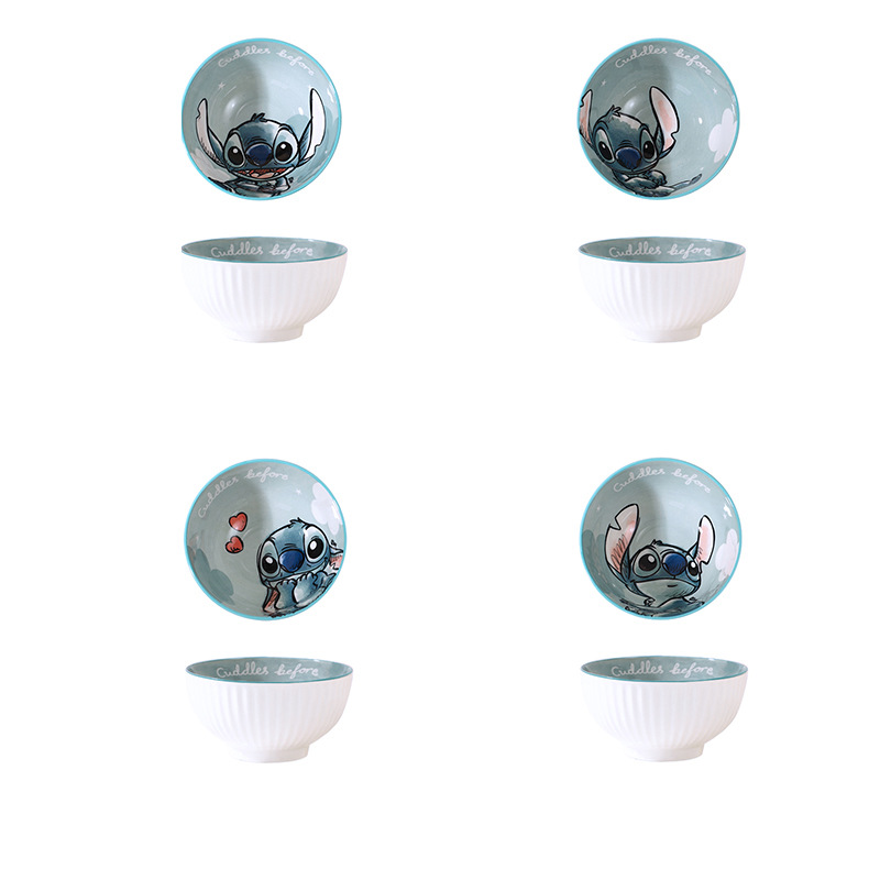 Disney 2025 nuevo tazón de arroz a rayas Stitch juego de 4 piezas de color bajo vidriado caja de regalo regalo regalo de inauguración