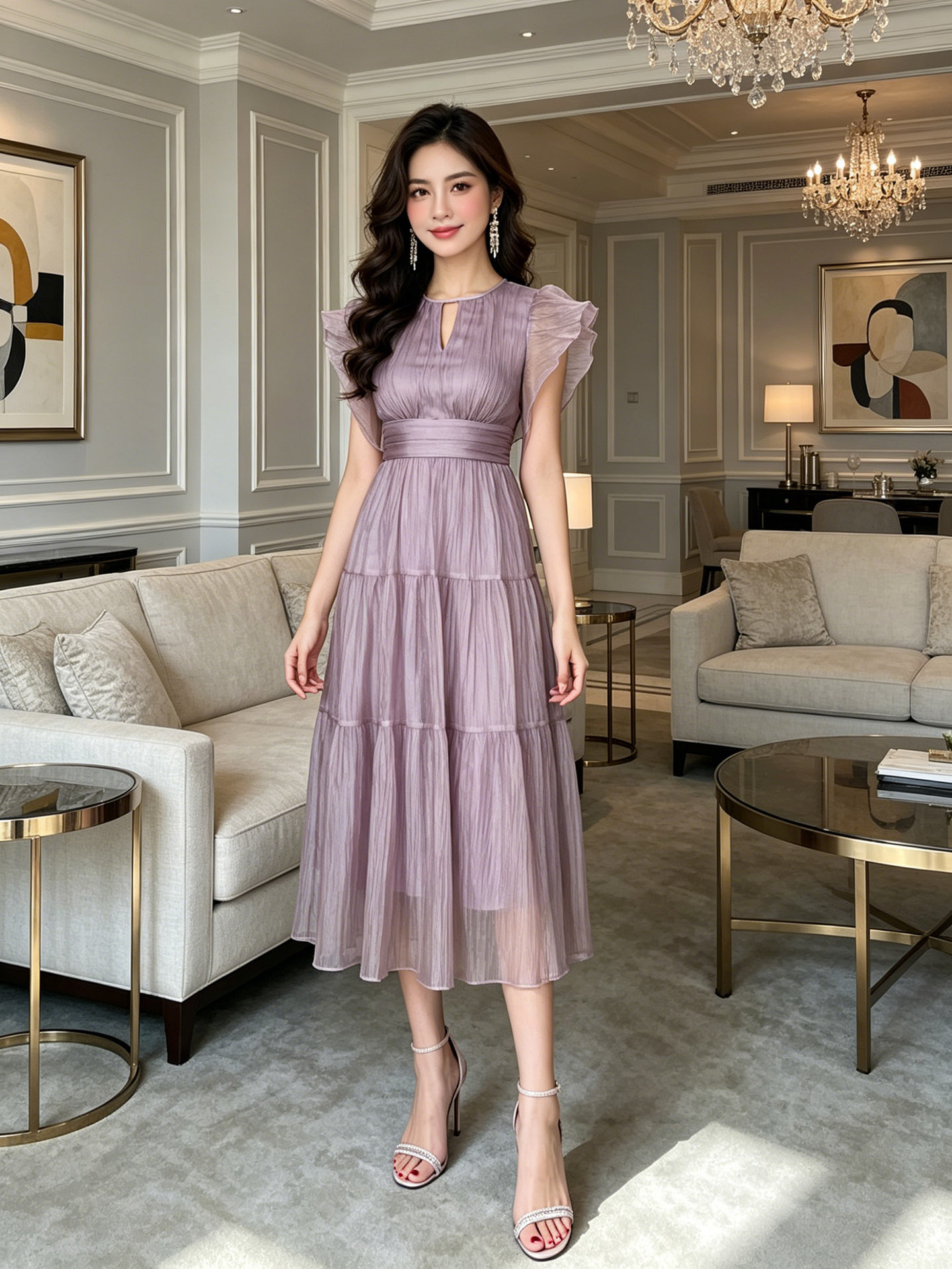Váy maxi tay áo bay chữ A thắt eo kiểu Pháp mùa hè — Khoai tây tím