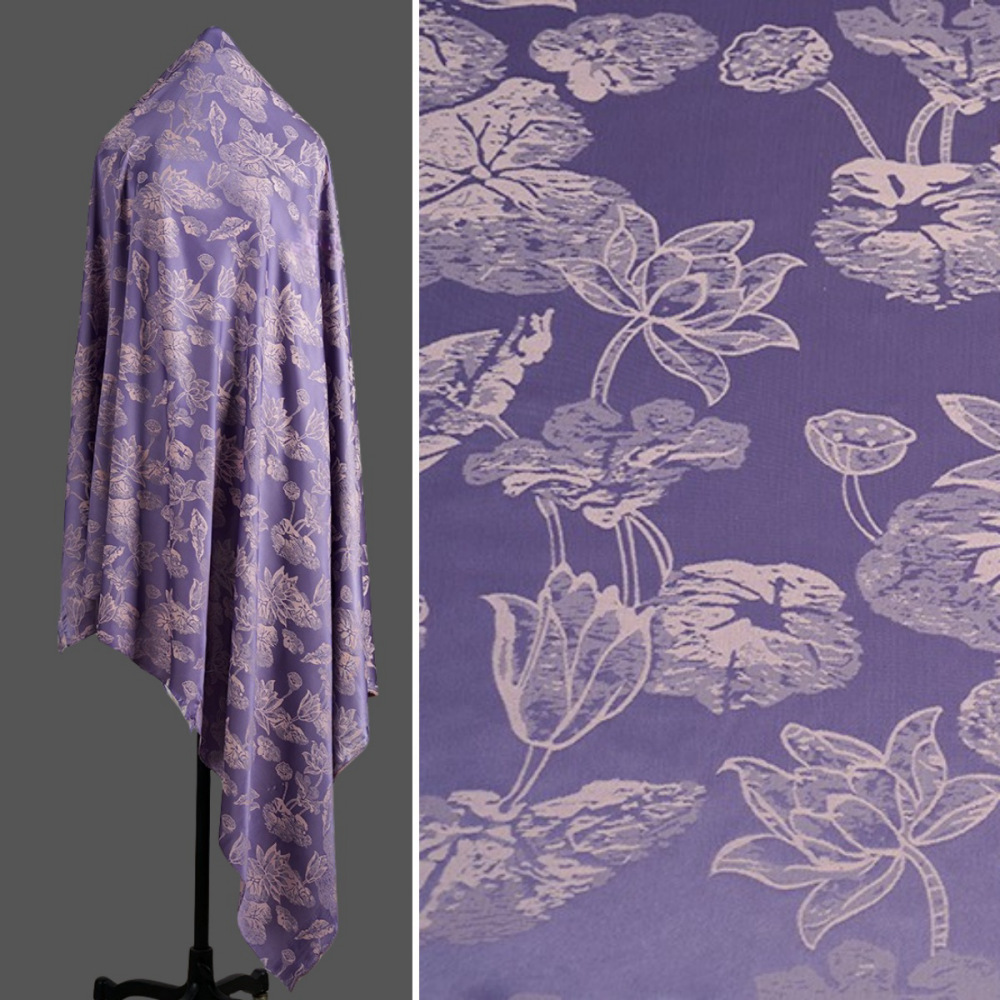 紫罗兰色 荷花仿醋酸缎提花面料 中国风旗袍连衣裙夏季丝滑布料