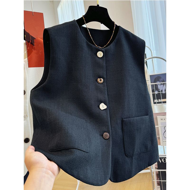 Primavera y otoño temperamento de cuello redondo pequeño traje chaleco chaleco chaqueta temperamento francés de mujer vestido exterior sin mangas hombros de la parte superior image 2