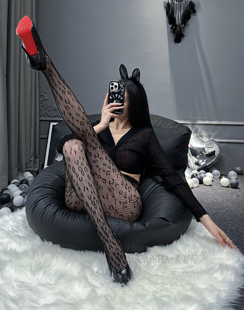 Fishnet Lace Jacquard Stockings, Black One Size, Cut-Out Tattoo Style — detail image 8