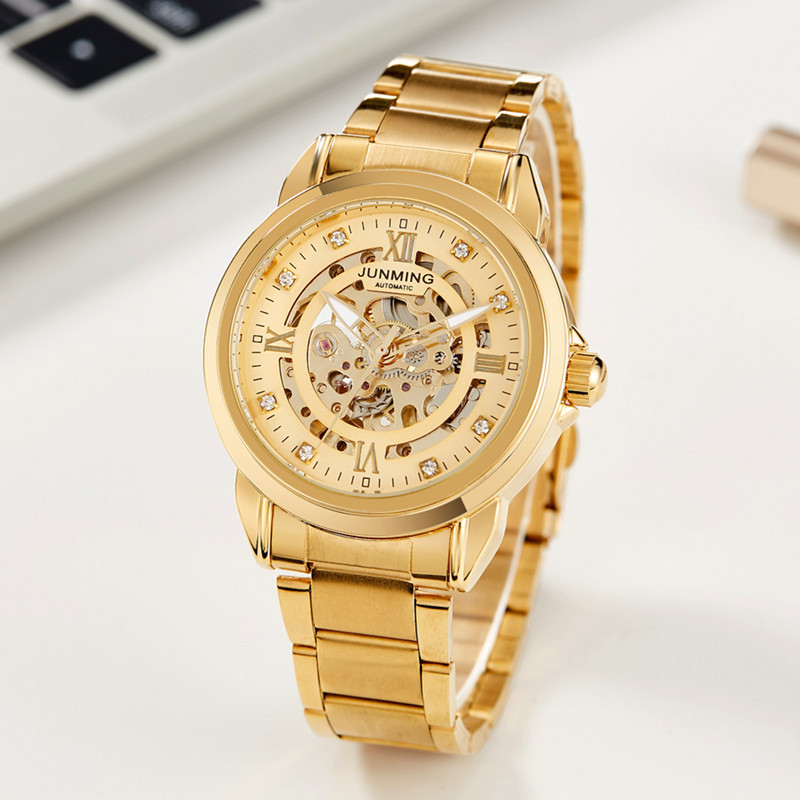 JUNMING marca reloj deportivo impermeable luminoso automático reloj mecánico moda hueco reloj de los hombres