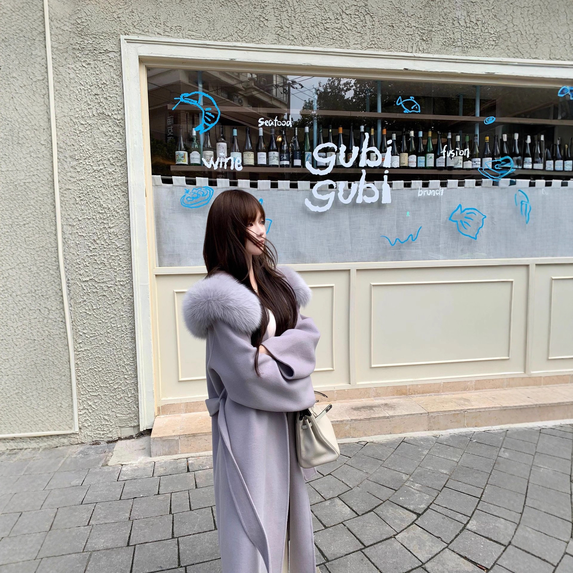 2025 Autumn and Winter Purple High-End Fox Fur Double-Sided Cashmere Outwear Women's Mid-Length Lace-Up Woolen Fur Outwear