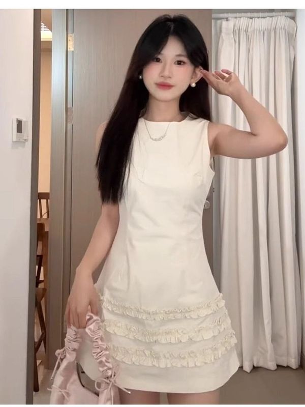 韩系白色无袖木耳边连衣裙女2025夏绝美小白裙收腰a字掐腰包臀裙|undefined