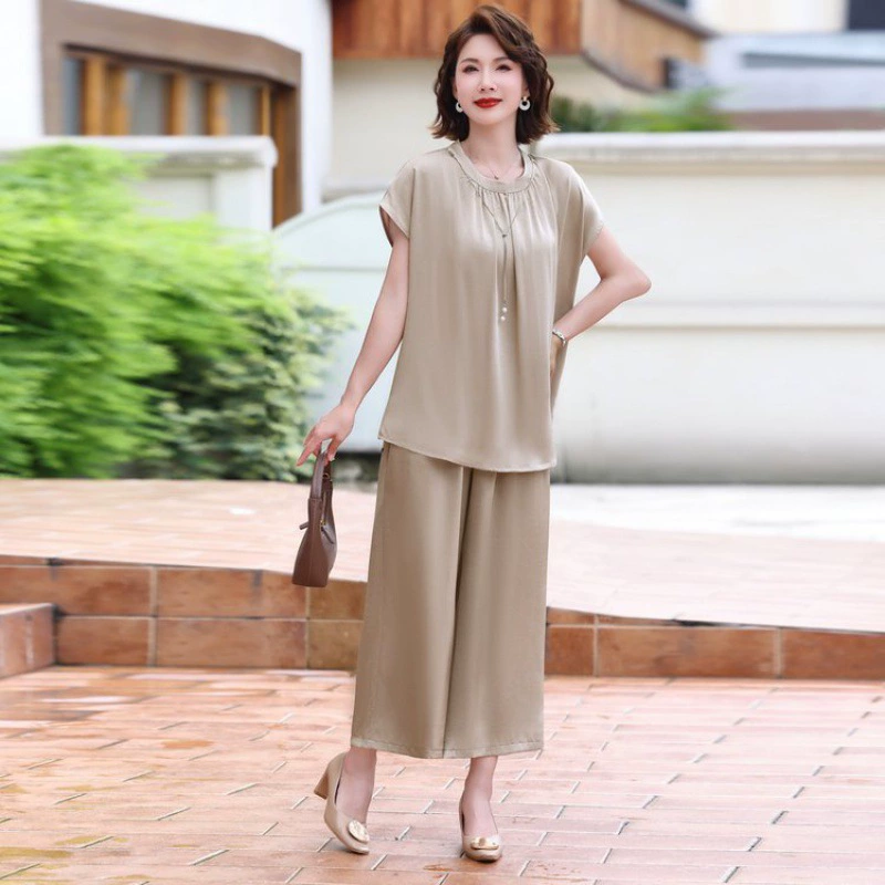 Summer clothing, short sleeve T-shirt, capacious set for elderly, with short sleeve, western style, for middle age, plus size