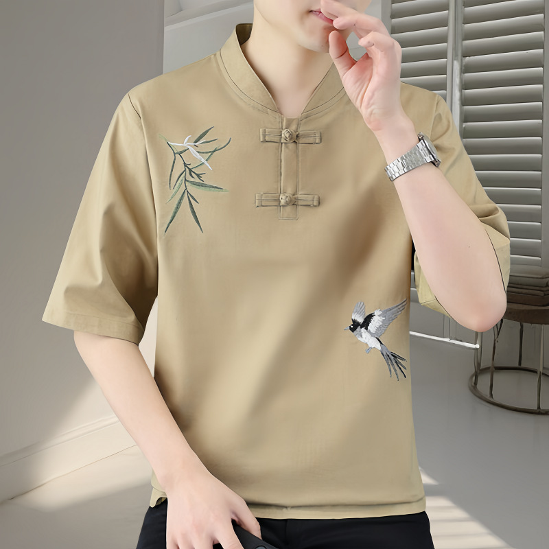 1105-3-JZ9815-P65-2025短袖夏季高端刺绣盘扣潮五分袖透气上衣服