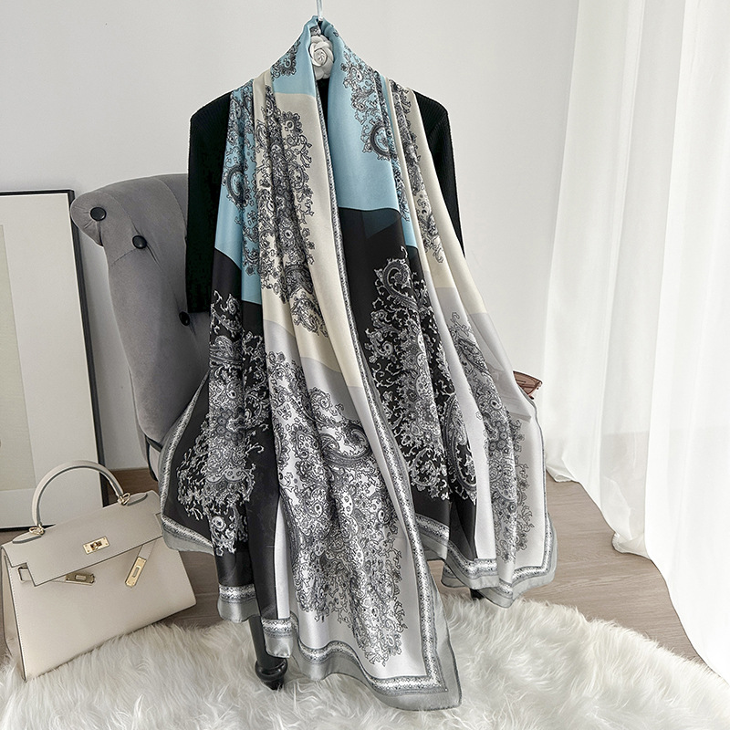 Pañuelo de seda fino de primavera y verano, pañuelo largo con estampado de alta calidad, nuevo pañuelo de protección solar de viaje de satén de seda, chal de viento étnico, protector solar femenino