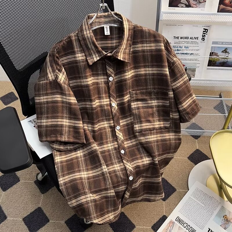 Plaid Short-Sleeved Shirt Men's Summer 2025 Retro Loose Casual Three-Quarter Sleeve Shirt American High Street Fashion Brand Jacket