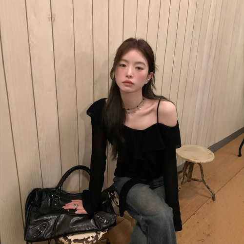 MR【Original Design】Black One-Shoulder Long-Sleeve T-Shirt Women's Fashion Off-the-Shoulder Top