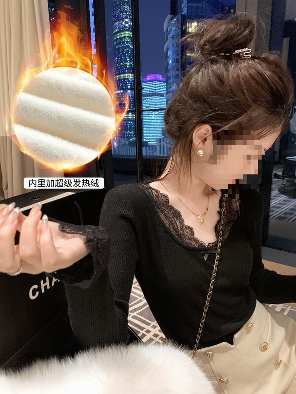 鱼兔子的兔子 小香风蕾丝拼接针织上衣女2025春秋新款修身打底衫|undefined