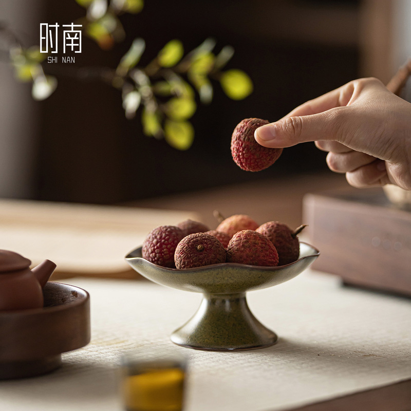窑变中式高脚茶点盘小精致陶瓷水果盘复古茶室干果零食点心托盘|undefined