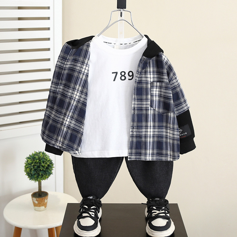 5989 Chaqueta de camisa con capucha de otoño para niños 2024 Nueva camisa a cuadros de manga larga de primavera y otoño para niños