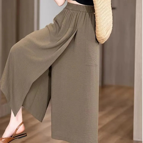 Summer thin and loose high-waisted split lazy style casual wide-leg pants for thick thighs and thigh slimming women's 8-length wide-leg pants
