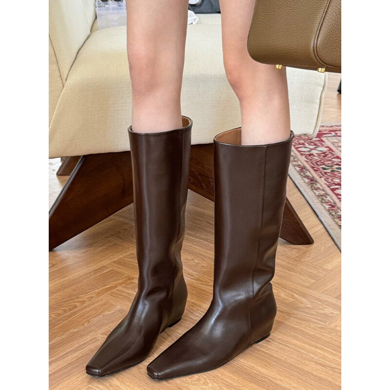 Sheepskin Version ~ Small Inner Heightening Boots for Women 2025 Autumn and Winter Slim Square Toe Knight Boots Versatile Straight Boots