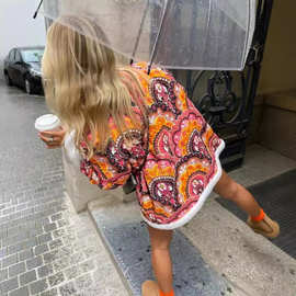 跨境欧美2024秋季新款时尚棉袄街头潮人羊羔毛拼接印花棉衣外套女