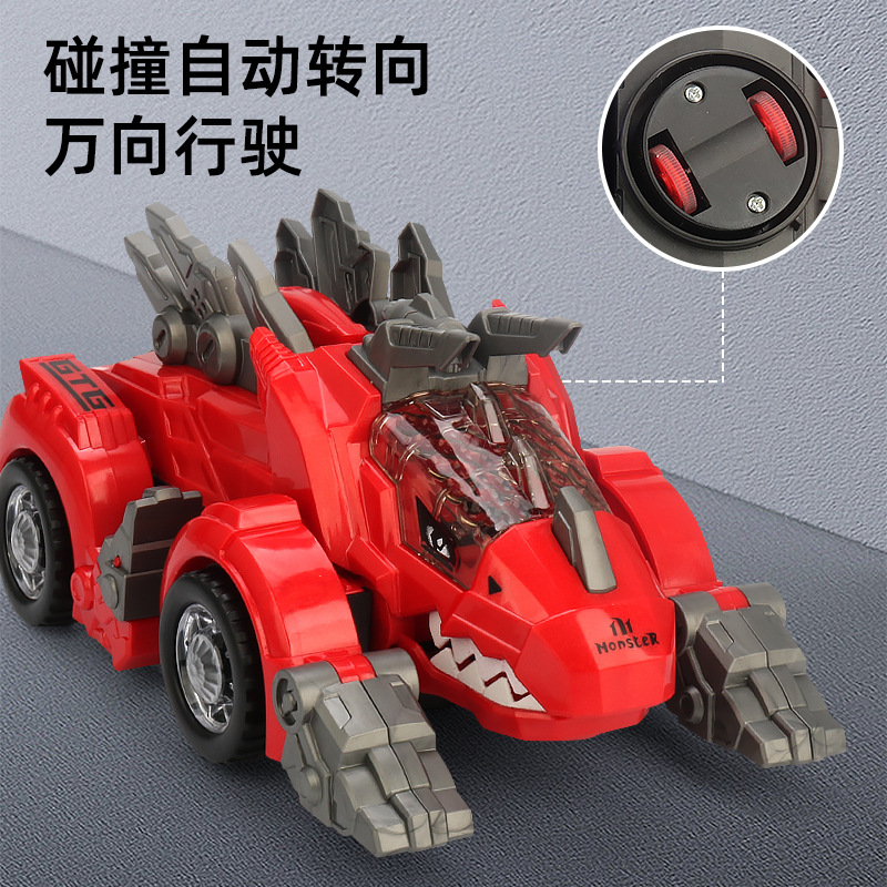 Pulverización universal eléctrica simulación de dinosaurios música iluminación deformación automática carro de dinosaurios juguetes de puzzle para niños al por mayor