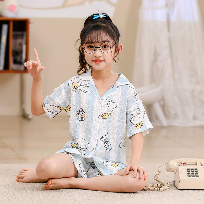 Pijamas infantiles niñas de manga corta verano espuma tejida tela arrugada dibujos animados niñas niños mayores cubierta de ropa de bebé