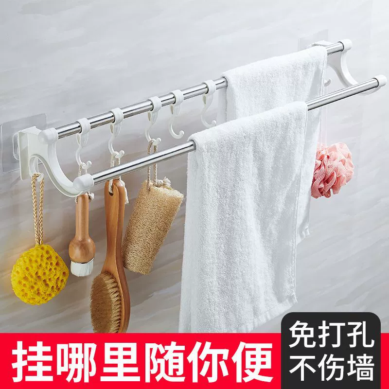 Stainless steel multi-purpose towel rack with hooks, no drilling, various sizes, durable design