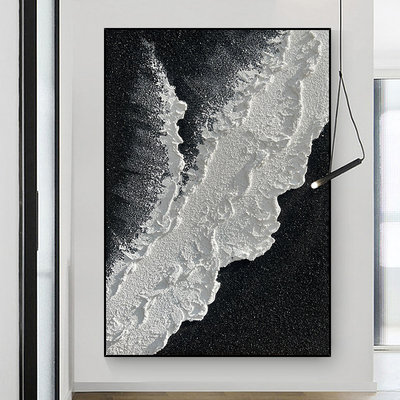 手繪油畫黑白浪潮立體砂岩肌理抽象畫玄關挂畫客廳大幅落地裝飾畫
