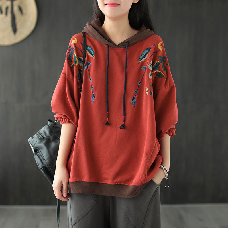 Cotton Hooded Embroidered Oversized Sweatshirt Early Autumn 2026 New Retro Artistic Loose Pullover Casual Women's Top