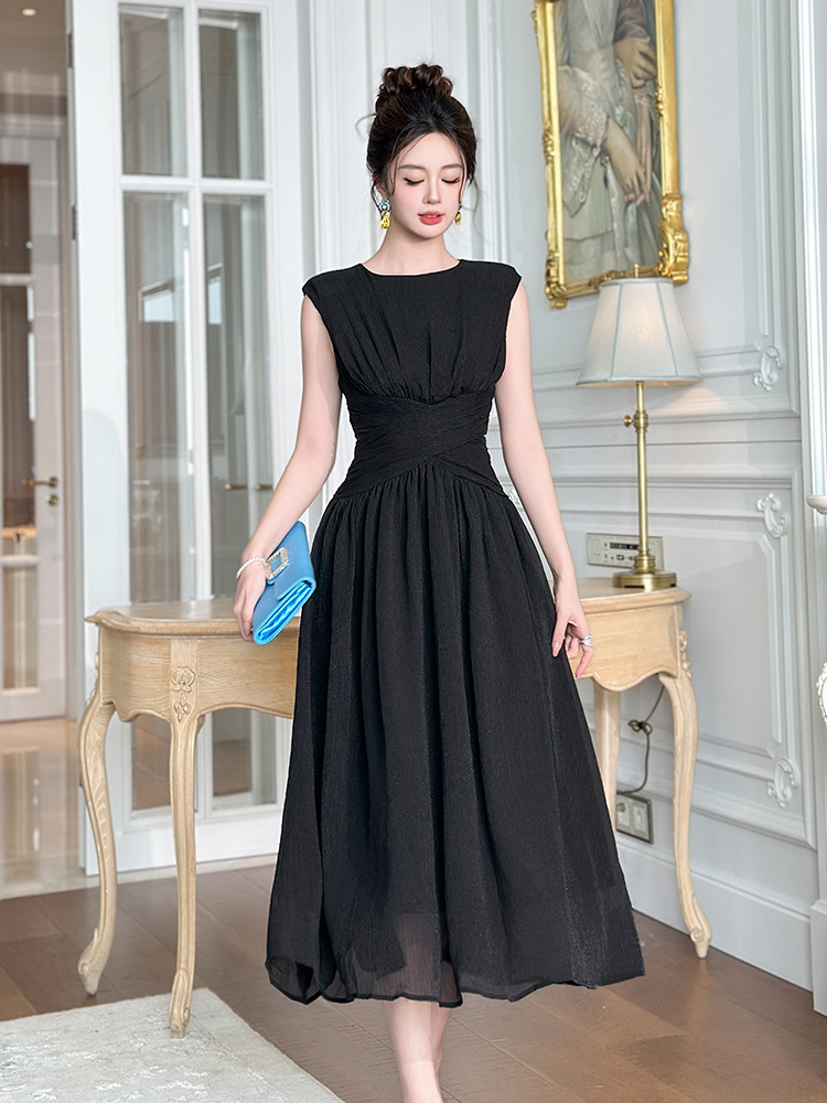 Đầm maxi nữ không tay chéo eo phong cách thanh lịch — đen