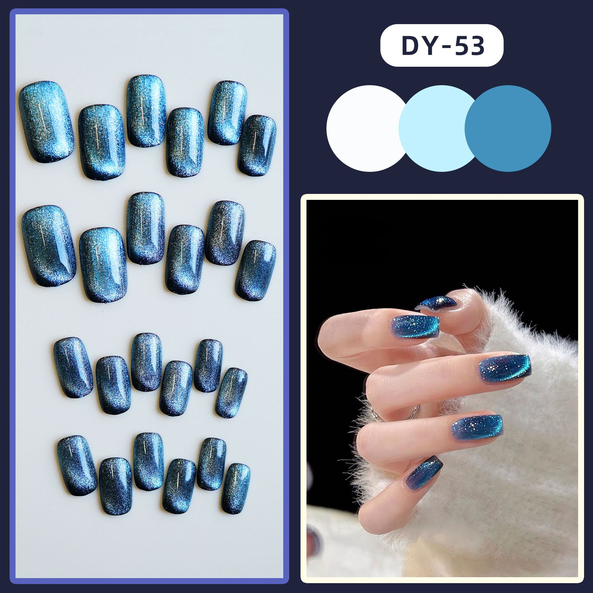DY-53 azul y negro ojo de gato falso pieza de uñas fototerapia desgaste hecho a mano pegatina de uñas terminado pieza de belleza de uñas pieza de uñas al por mayor