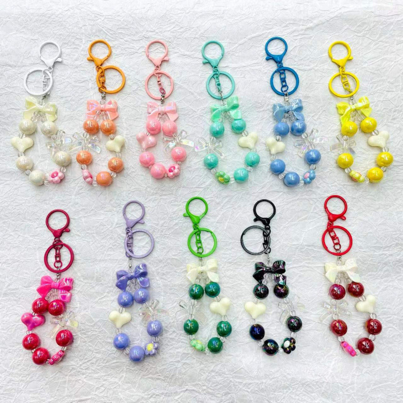 Creative Fresh Candy-Colored Plated Beaded Keychain with Bow and Heart Keychain, Small Bag Pendant, Bracelet