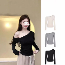 黑色斜肩露肩长袖T恤女早春新款辣妹掐腰修身显瘦一字肩别致上衣