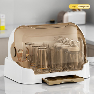 Desktop Dust-Proof Household Glass Water Cup Tea Set Cup Drain Storage Box Large Tray Storage Shelf with Lid
